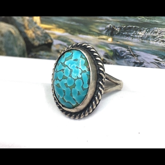 Spiderweb Turquoise Statement Ring. Vtg Navajo Silver Spiderweb Turquoise Ring - Picture 1 of 3
